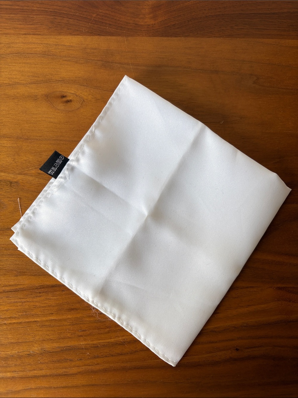 White Satin Pocket Square with Visible Brand Tag